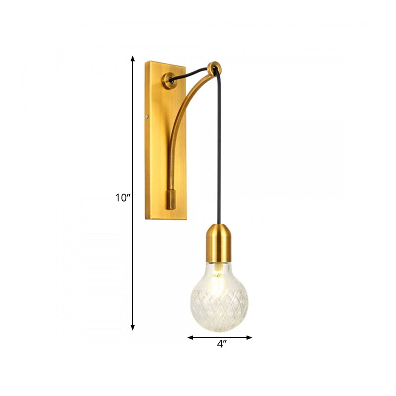 Single Exposed Bulb Wall Mounted Light Simple Clear Lattice Glass Wall Sconce with Gold Metal Backplate Clearhalo 'Wall Lamps & Sconces' 'Wall Lights' Lighting' 264063