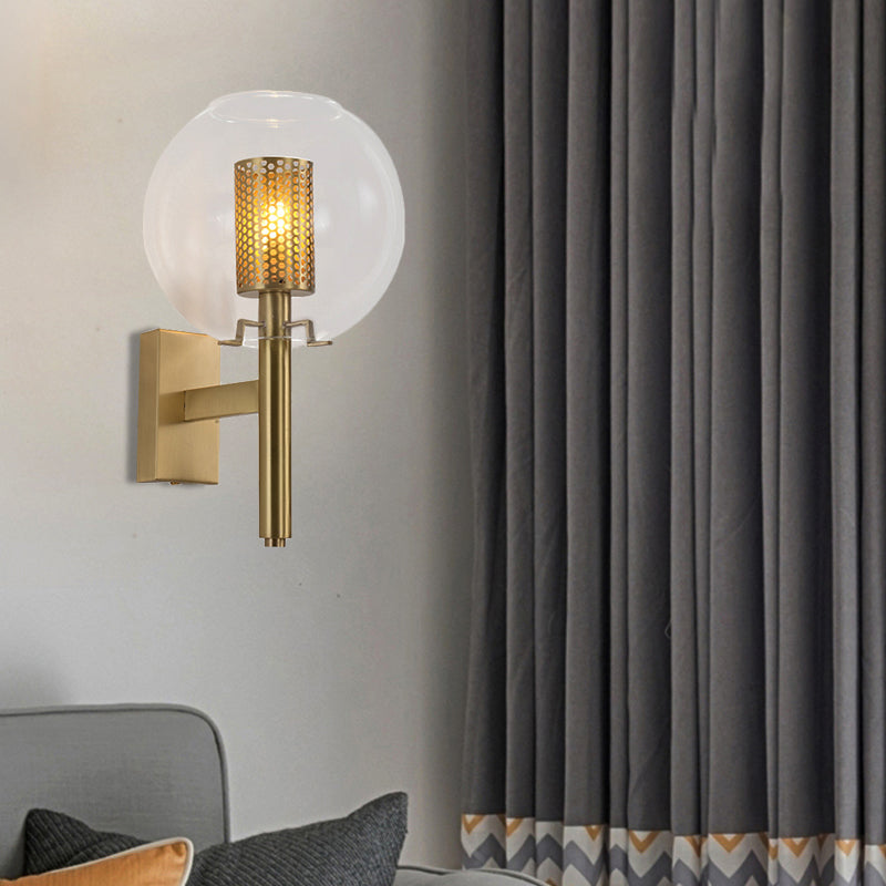 1 Head Brass Wall Sconce Minimal Gold Finish Cylindrical Mesh Wall Mounted Light Gold Clearhalo 'Wall Lamps & Sconces' 'Wall Lights' Lighting' 264075