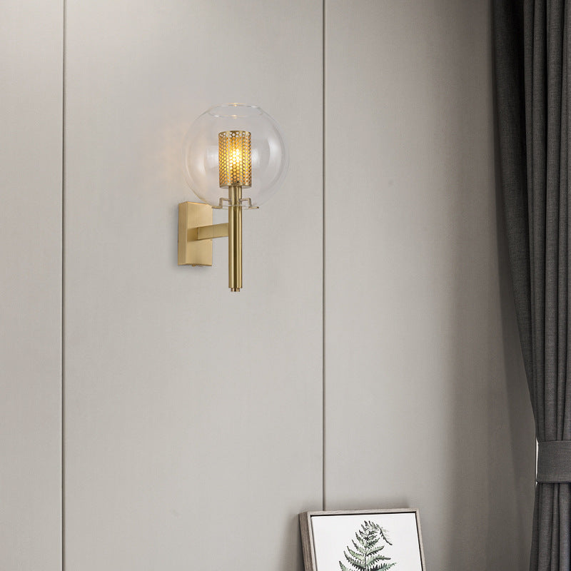 1 Head Brass Wall Sconce Minimal Gold Finish Cylindrical Mesh Wall Mounted Light Clearhalo 'Wall Lamps & Sconces' 'Wall Lights' Lighting' 264077