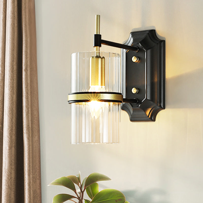 Black 1 Bulb Banded Wall Lamp Contemporary Iron Circular Sconce Lighting with Clear Glass Shade Clearhalo 'Wall Lamps & Sconces' 'Wall Lights' Lighting' 264105