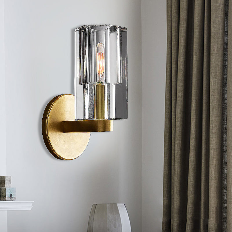 Faceted Clear Crystal Wall Lighting Minimalist 1 Light Gold Armed Sconce Light Fixture Clearhalo 'Wall Lamps & Sconces' 'Wall Lights' Lighting' 264111