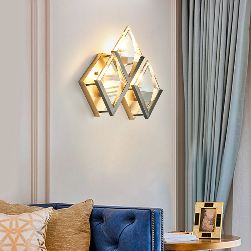 3-Head Rhombus Wall Light Sconce Vintage Clear Crystal Wall Mounted Lamp in Gold Clearhalo 'Wall Lamps & Sconces' 'Wall Lights' Lighting' 264118