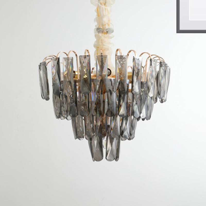 Clear/Smoke Gray Crystal Tiered Chandelier Lamp Modern 7-Light Bedroom Pendant Light Kit Smoke Gray Clearhalo 'Ceiling Lights' 'Chandeliers' 'Clear' 'Industrial' 'Modern Chandeliers' 'Modern' 'Tiffany' 'Traditional Chandeliers' Lighting' 264393