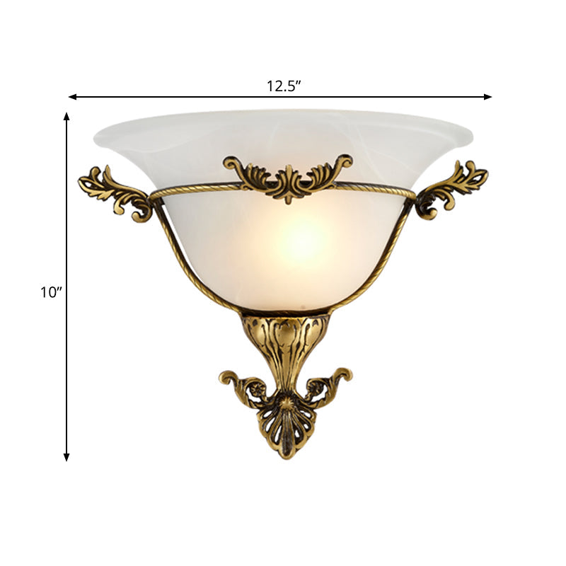 Single Bulb Flush Mount Traditional Flared Milky Glass Wall Sconce Lighting in Brass for Living Room Clearhalo 'Wall Lamps & Sconces' 'Wall Lights' Lighting' 264674