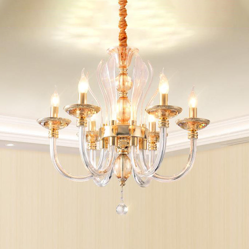 Golden Curved Chandelier Modern 6 Heads Clear Glass Ceiling Pendant Light with Crystal Drop Gold Clearhalo 'Ceiling Lights' 'Chandeliers' 'Industrial Chandeliers' 'Industrial' 'Middle Century Chandeliers' 'Tiffany' Lighting' 264699