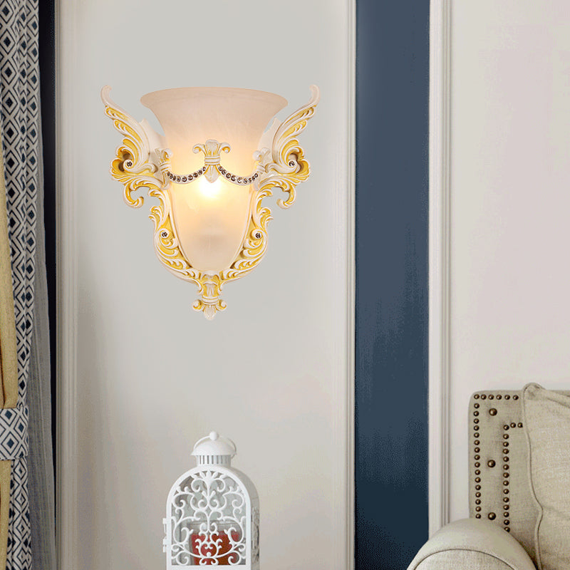 Bell Frosted Glass Wall Sconce Colonial 1 Bulb Living Room Flush Mount Wall Light in White/Gold/White and Gold Clearhalo 'Wall Lamps & Sconces' 'Wall Lights' Lighting' 264717