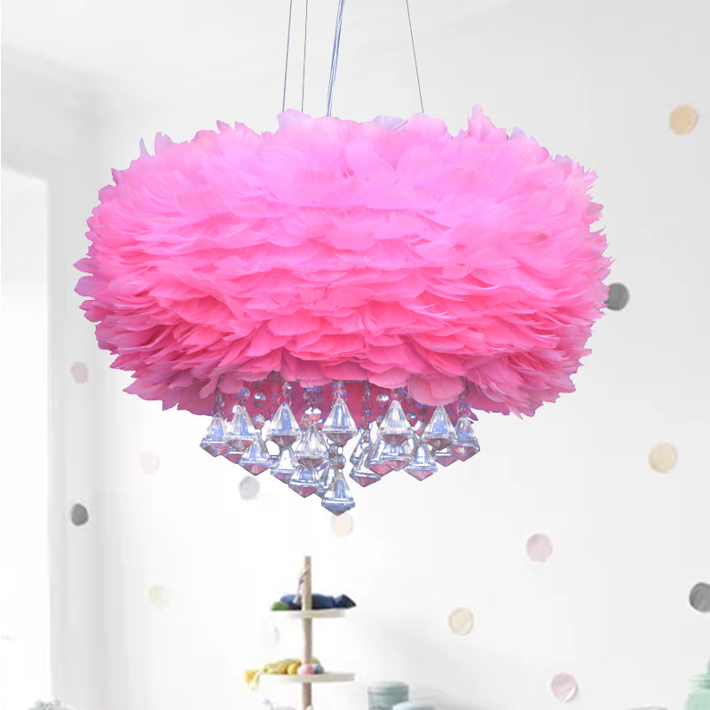 Modern Round Pendant Light Feather 1 Bulb Pink Hanging Ceiling Light with Crystal Drop Clearhalo 'Ceiling Lights' 'Modern Pendants' 'Modern' 'Pendant Lights' 'Pendants' Lighting' 264845