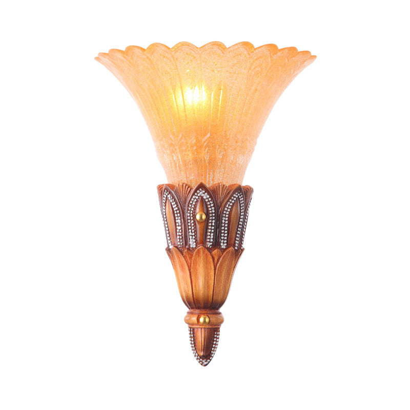 Textured Glass Flower Sconce Light Colonial Single Head Living Room Flush Mount Wall Light in Brown Clearhalo 'Wall Lamps & Sconces' 'Wall Lights' Lighting' 264853