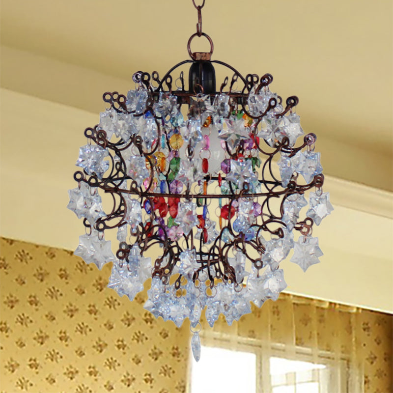 Global Cage Pendant Chandelier with Star Crystal Decoration Vintage 1 Head Hanging Ceiling Light in Aged Copper Clearhalo 'Ceiling Lights' 'Modern Pendants' 'Modern' 'Pendant Lights' 'Pendants' Lighting' 265131