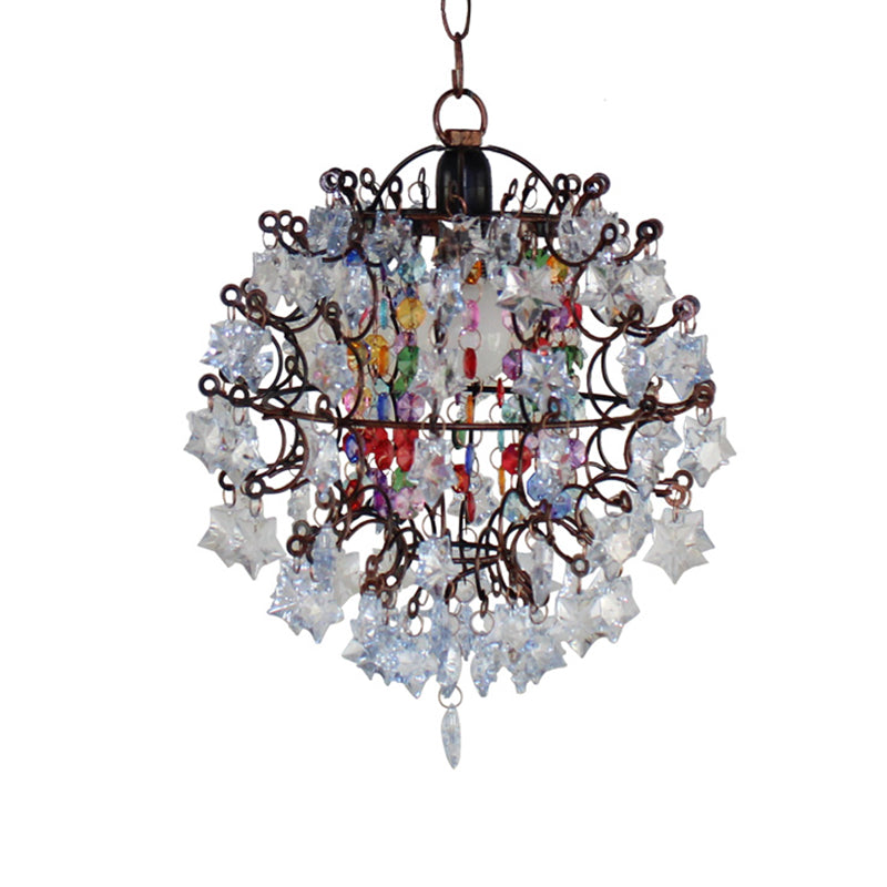 Global Cage Pendant Chandelier with Star Crystal Decoration Vintage 1 Head Hanging Ceiling Light in Aged Copper Clearhalo 'Ceiling Lights' 'Modern Pendants' 'Modern' 'Pendant Lights' 'Pendants' Lighting' 265134