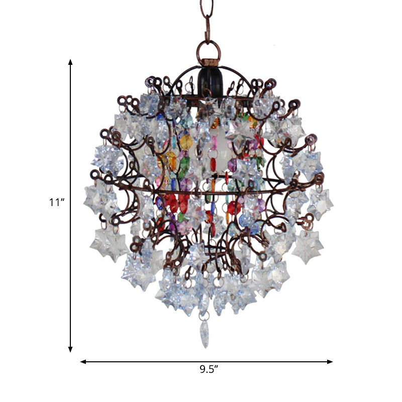 Global Cage Pendant Chandelier with Star Crystal Decoration Vintage 1 Head Hanging Ceiling Light in Aged Copper Clearhalo 'Ceiling Lights' 'Modern Pendants' 'Modern' 'Pendant Lights' 'Pendants' Lighting' 265135