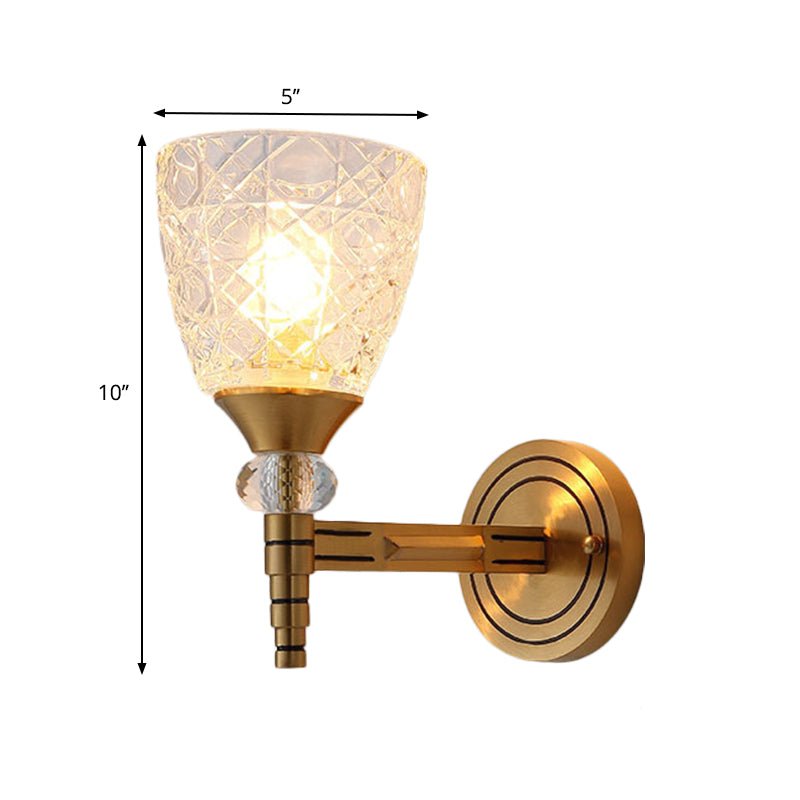 1/2-Bulb Lattice Glass Wall Lamp with Bowl Lampshade Loft Bedroom Wall Mount Light in Brass Finish Clearhalo 'Wall Lamps & Sconces' 'Wall Lights' Lighting' 265298