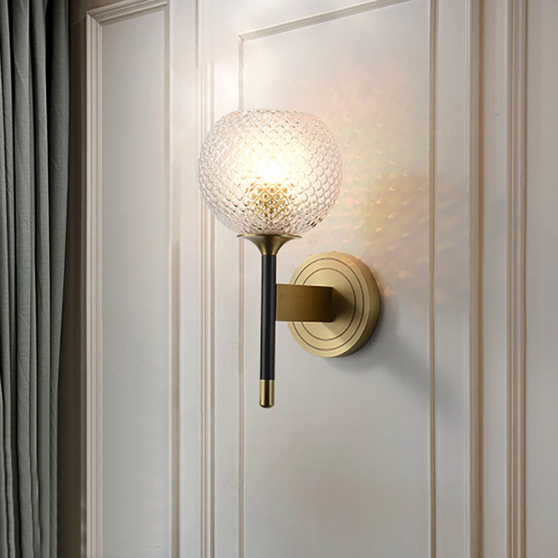 Lattice Glass Wall Mount Lamp with Dome Shade Mid-Century 1 Light Flush Mount Wall Sconce in Brass for Corridor Brass Clearhalo 'Wall Lamps & Sconces' 'Wall Lights' Lighting' 265310