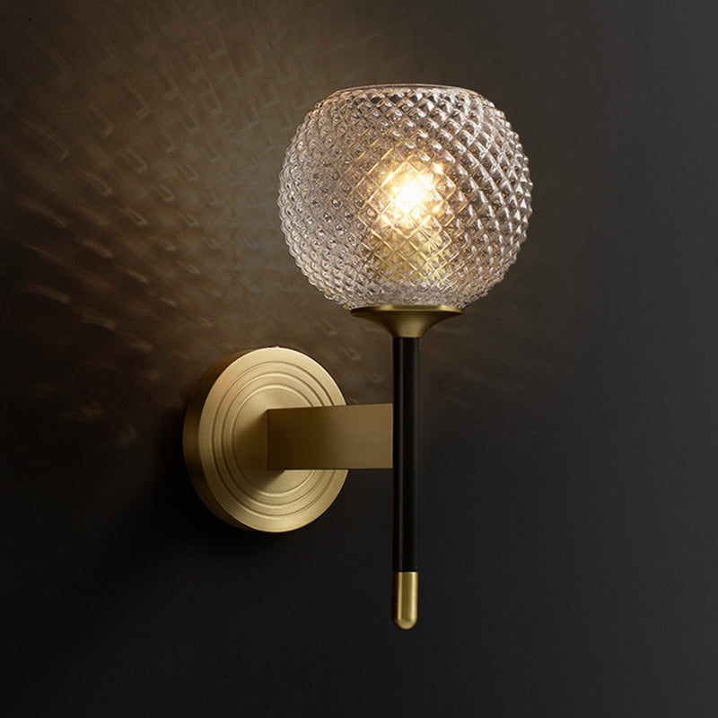 Lattice Glass Wall Mount Lamp with Dome Shade Mid-Century 1 Light Flush Mount Wall Sconce in Brass for Corridor Clearhalo 'Wall Lamps & Sconces' 'Wall Lights' Lighting' 265311