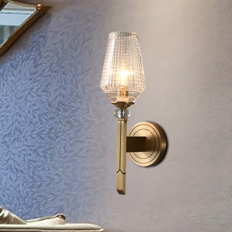 Loft Style Cup Sconce Light with Clear Lattice Glass Shade 1 Head Balcony Wall Sconce Light in Brass Brass Clearhalo 'Wall Lamps & Sconces' 'Wall Lights' Lighting' 265316