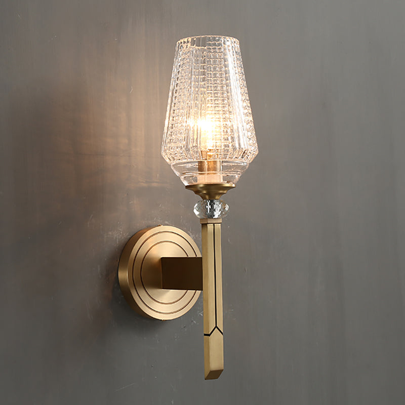 Loft Style Cup Sconce Light with Clear Lattice Glass Shade 1 Head Balcony Wall Sconce Light in Brass Clearhalo 'Wall Lamps & Sconces' 'Wall Lights' Lighting' 265317