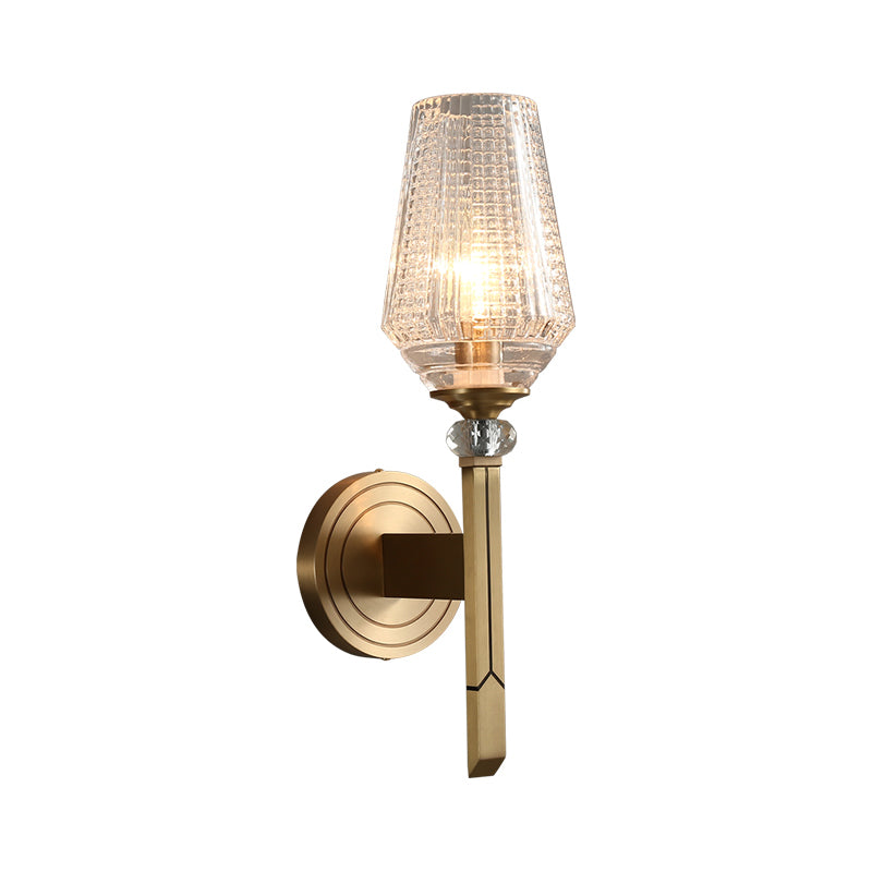 Loft Style Cup Sconce Light with Clear Lattice Glass Shade 1 Head Balcony Wall Sconce Light in Brass Clearhalo 'Wall Lamps & Sconces' 'Wall Lights' Lighting' 265319