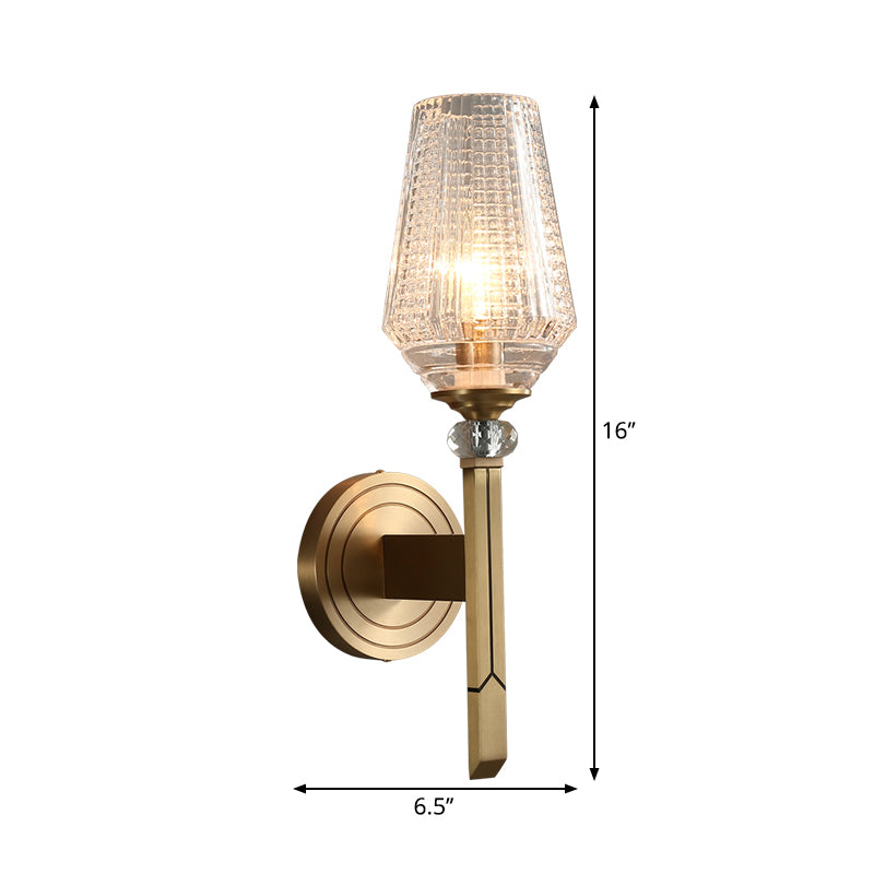 Loft Style Cup Sconce Light with Clear Lattice Glass Shade 1 Head Balcony Wall Sconce Light in Brass Clearhalo 'Wall Lamps & Sconces' 'Wall Lights' Lighting' 265320