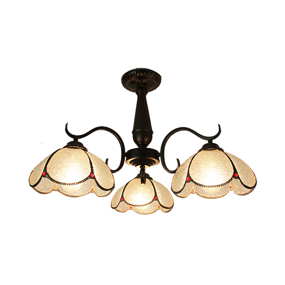 3 Heads Domed Ceiling Light Fixture Retro Style Stained Glass Semi Flush Mount in Beige/Clear/Blue for Foyer Clear Clearhalo 'Ceiling Lights' 'Close To Ceiling Lights' 'Close to ceiling' 'Glass shade' 'Glass' 'Semi-flushmount' 'Tiffany close to ceiling' 'Tiffany' Lighting' 26544