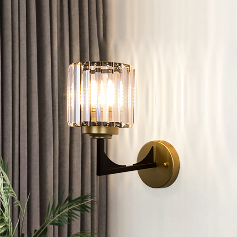 Angle Armed Wall Lighting with Clear Cylindrical Shade Modern Crystal Wall Lamp in Brass Clearhalo 'Art deco wall lights' 'Industrial wall lights' 'Industrial' 'Middle century wall lights' 'Tiffany' 'Wall Lamps & Sconces' 'Wall Lights' Lighting' 265484