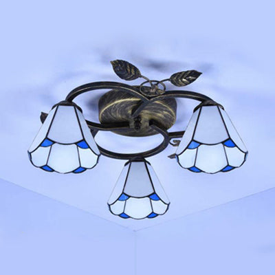 Conic Shape Ceiling Light Tiffany Stained Glass 3 Lights Flush Mount Ceiling Fixture in White/Blue for Living Room Clearhalo 'Ceiling Lights' 'Close To Ceiling Lights' 'Close to ceiling' 'Glass shade' 'Glass' 'Semi-flushmount' 'Tiffany close to ceiling' 'Tiffany' Lighting' 26610