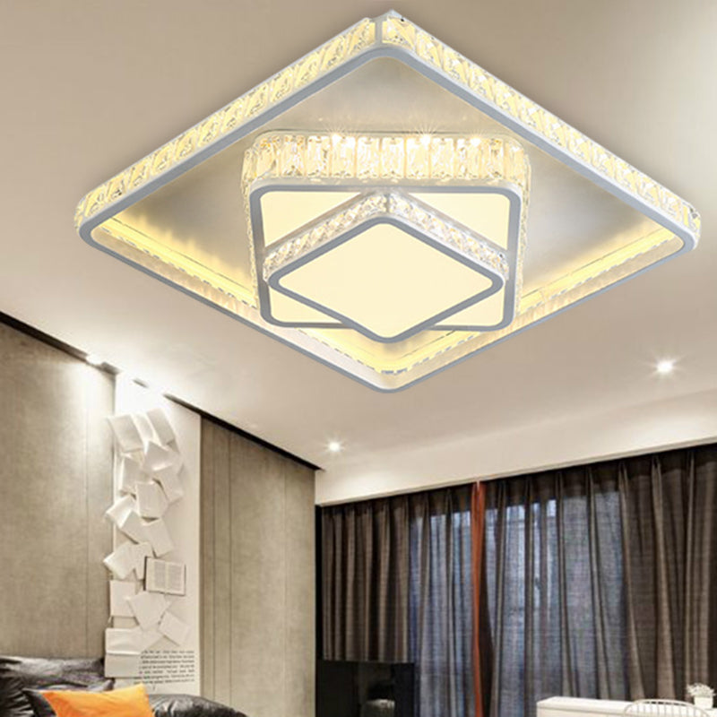 White Rectangle/Square Ceiling Light Minimalist Faceted Crystal White 19.5