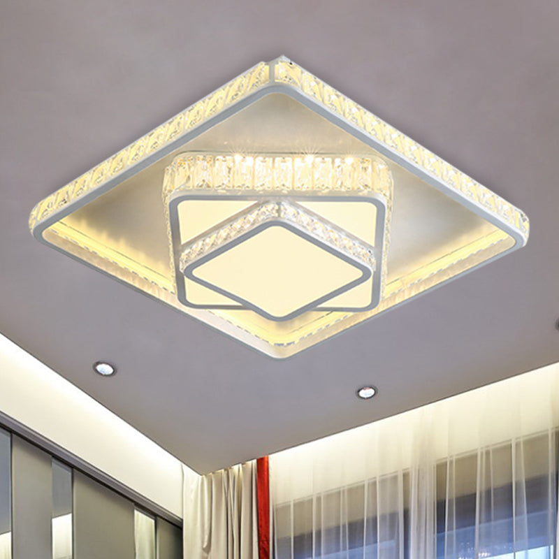 White Rectangle/Square Ceiling Light Minimalist Faceted Crystal White 19.5