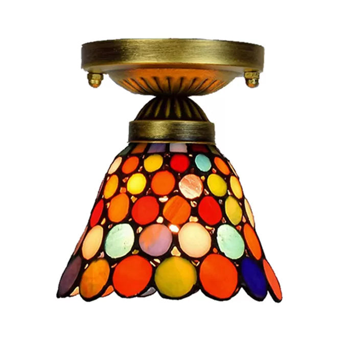 Bedroom Ceiling Light Glass, Multicolor Semi Flush Mount Light with Cone Shade Tiffany Style Antique Brass 6