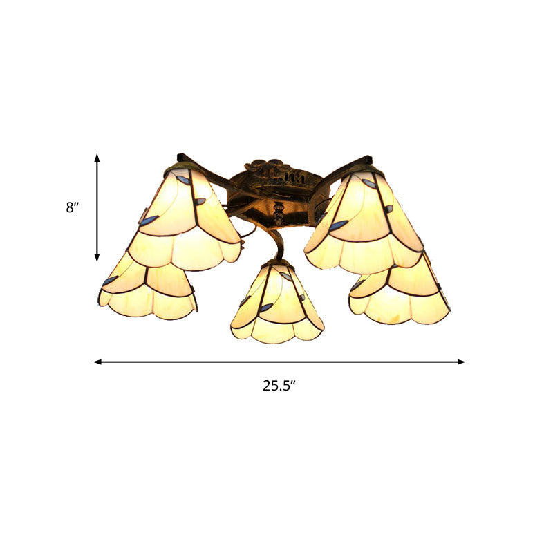5 Heads Scalloped Ceiling Light Tiffany Stained Glass Semi Flush Light in Antique Bronze for Bedroom Clearhalo 'Ceiling Lights' 'Close To Ceiling Lights' 'Close to ceiling' 'Glass shade' 'Glass' 'Island Lights' 'Semi-flushmount' 'Tiffany close to ceiling' 'Tiffany' Lighting' 267376