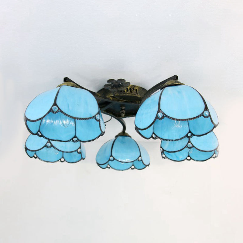 5 Heads Scalloped Ceiling Light Tiffany Stained Glass Semi Flush Light in Antique Bronze for Bedroom Clearhalo 'Ceiling Lights' 'Close To Ceiling Lights' 'Close to ceiling' 'Glass shade' 'Glass' 'Island Lights' 'Semi-flushmount' 'Tiffany close to ceiling' 'Tiffany' Lighting' 267392