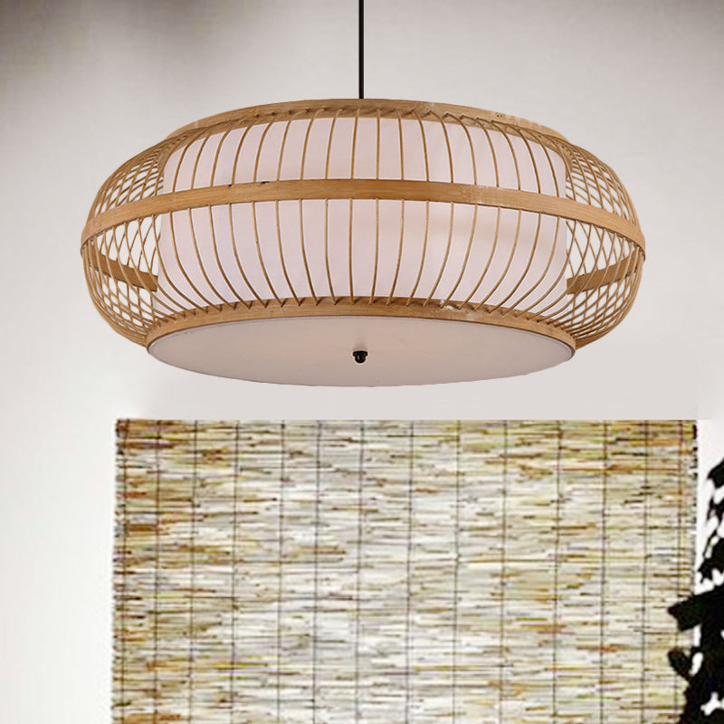 Beige Drum Pendant Lighting Asian Style 1 Light Bamboo Hanging Ceiling Light for Dining Room, 18