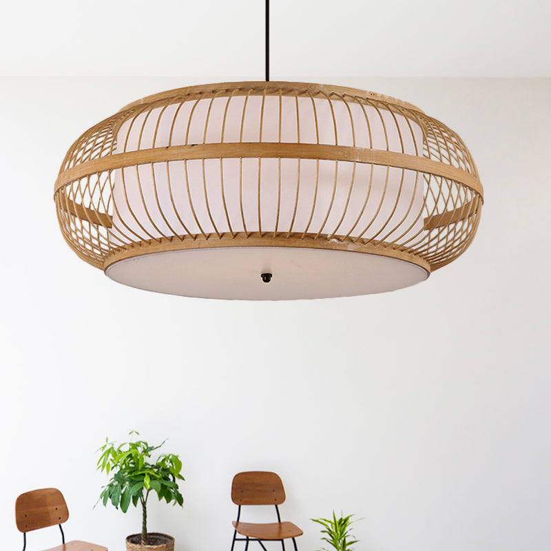 Beige Drum Pendant Lighting Asian Style 1 Light Bamboo Hanging Ceiling Light for Dining Room, 18