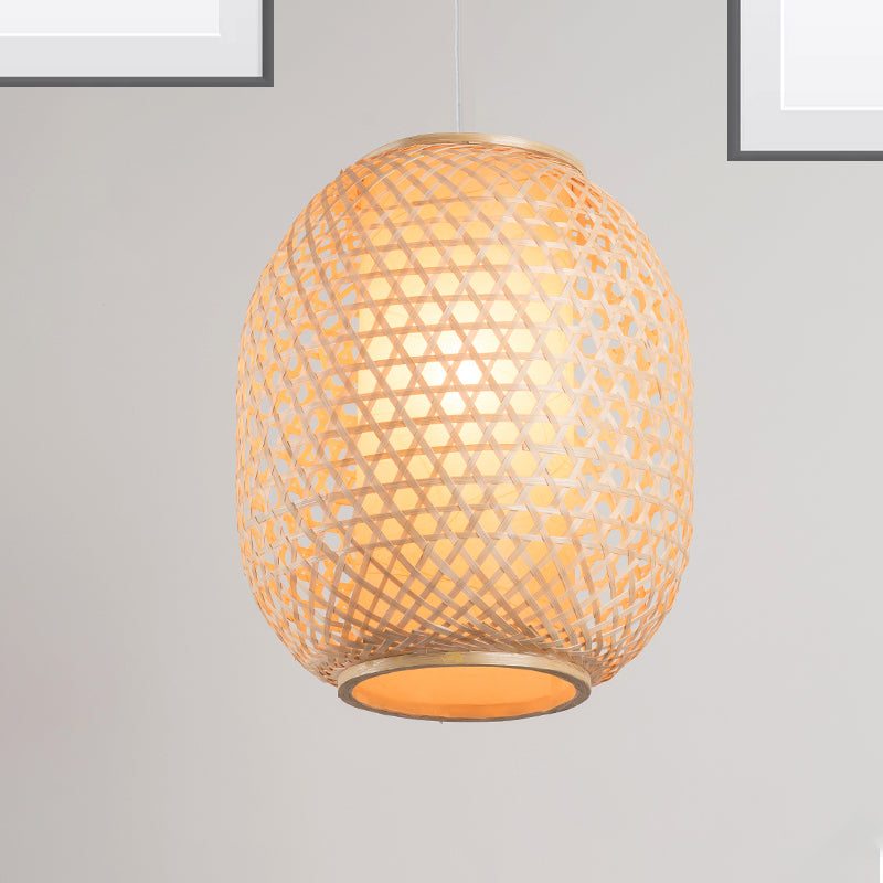 Lantern Suspension Pendant Retro Bamboo 1 Bulb Wood Hanging Light Kit with Inner Fabric Shade Clearhalo 'Ceiling Lights' 'Pendant Lights' 'Pendants' Lighting' 267819