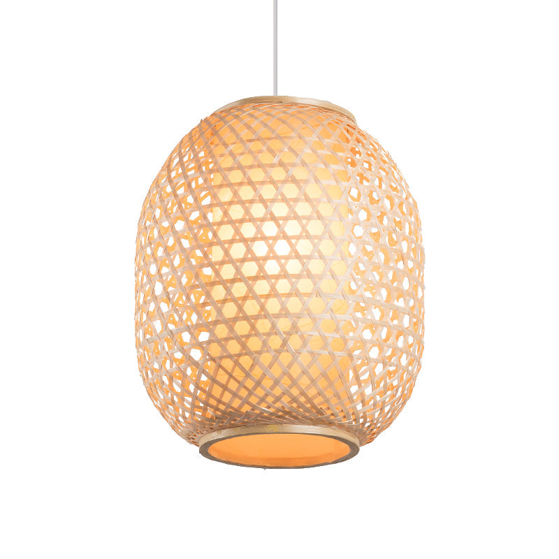 Lantern Suspension Pendant Retro Bamboo 1 Bulb Wood Hanging Light Kit with Inner Fabric Shade Clearhalo 'Ceiling Lights' 'Pendant Lights' 'Pendants' Lighting' 267823