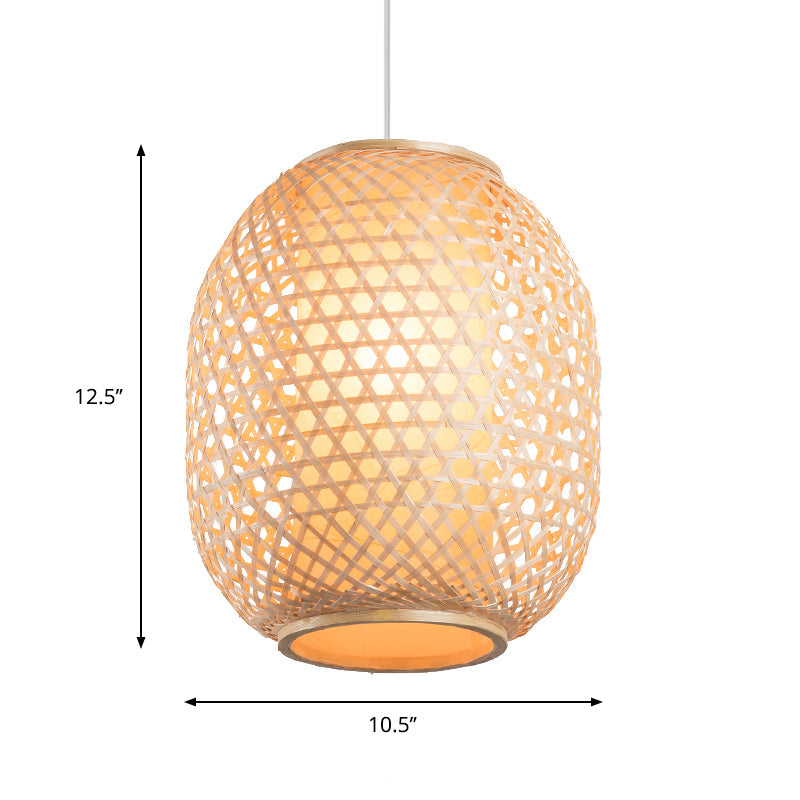 Lantern Suspension Pendant Retro Bamboo 1 Bulb Wood Hanging Light Kit with Inner Fabric Shade Clearhalo 'Ceiling Lights' 'Pendant Lights' 'Pendants' Lighting' 267824