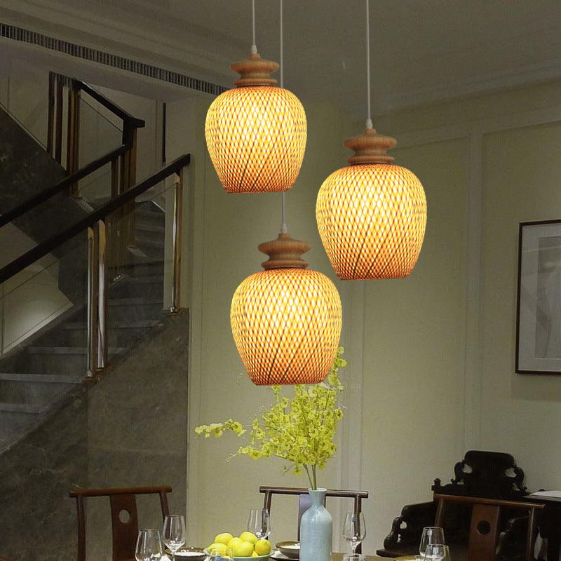 Urn Bamboo Suspension Lighting Traditionary 1 Bulb Wood Hanging Ceiling Light Clearhalo 'Ceiling Lights' 'Pendant Lights' 'Pendants' Lighting' 267979