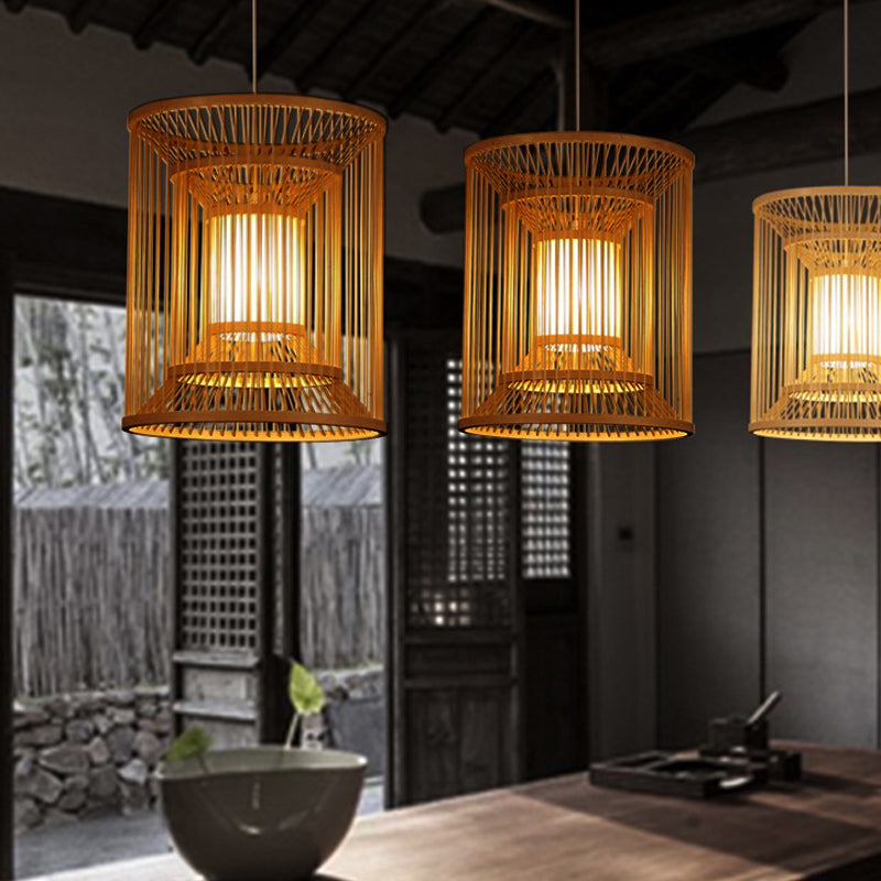 Cylindrical Pendant Lighting Tradition Bamboo 1 Bulb Wood Hanging Lamp Kit for Tearoom Clearhalo 'Ceiling Lights' 'Pendant Lights' 'Pendants' Lighting' 268033