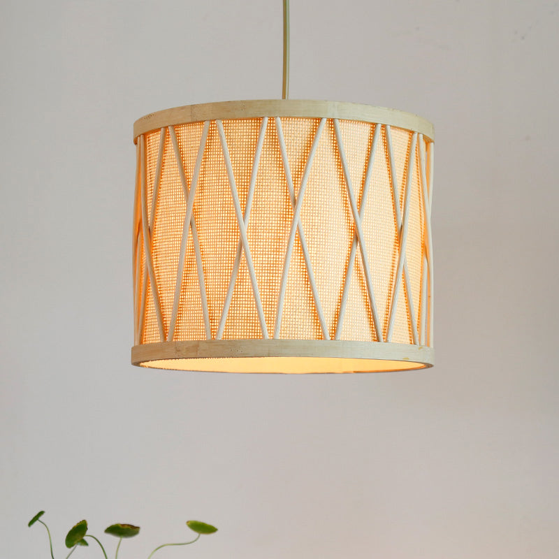 Bamboo Drum Ceiling Lamp Modern 1 Bulb Hanging Pendant Light in Beige for Living Room Clearhalo 'Ceiling Lights' 'Pendant Lights' 'Pendants' Lighting' 268063