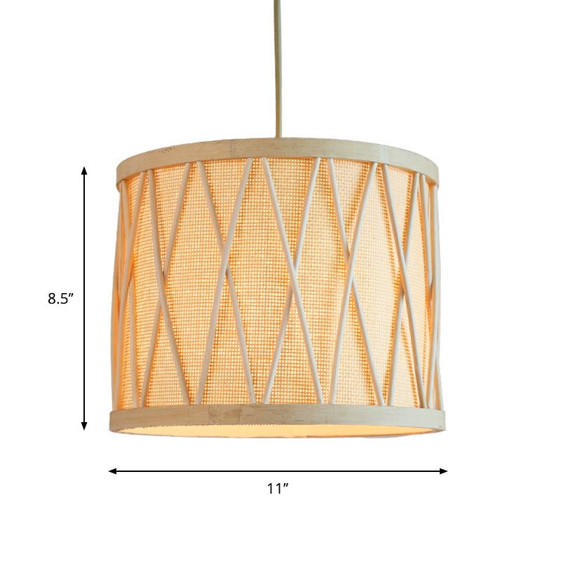 Bamboo Drum Ceiling Lamp Modern 1 Bulb Hanging Pendant Light in Beige for Living Room Clearhalo 'Ceiling Lights' 'Pendant Lights' 'Pendants' Lighting' 268067