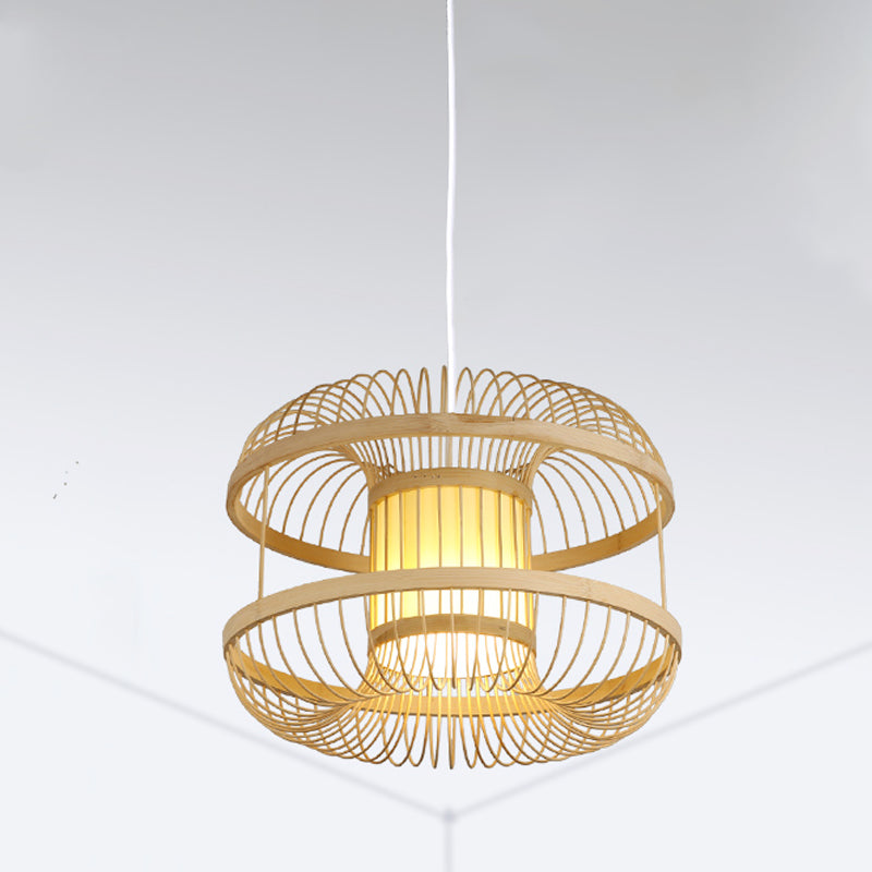 Modern Round Pendant Lighting Bamboo 1 Bulb Hanging Light Fixture in Wood with Cylinder Parchment Shade Clearhalo 'Ceiling Lights' 'Pendant Lights' 'Pendants' Lighting' 268074