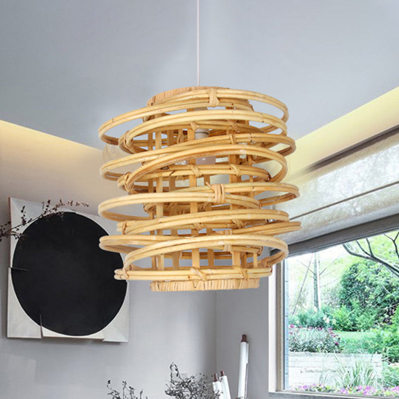 Wood Circle Hanging Lamp Retro 1 Head Bamboo Ceiling Pendant Light for Restaurant Clearhalo 'Ceiling Lights' 'Pendant Lights' 'Pendants' Lighting' 268080