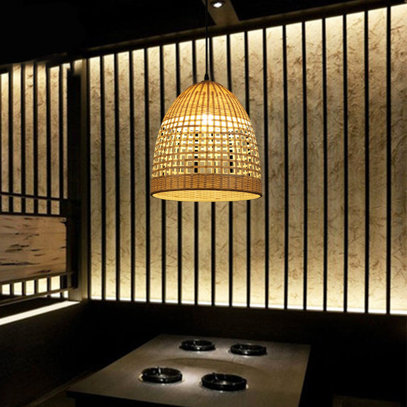 Bell Pendant Lighting Tradition Bamboo 1 Bulb Wood Hanging Lamp Kit for Restaurant Clearhalo 'Ceiling Lights' 'Pendant Lights' 'Pendants' Lighting' 268121