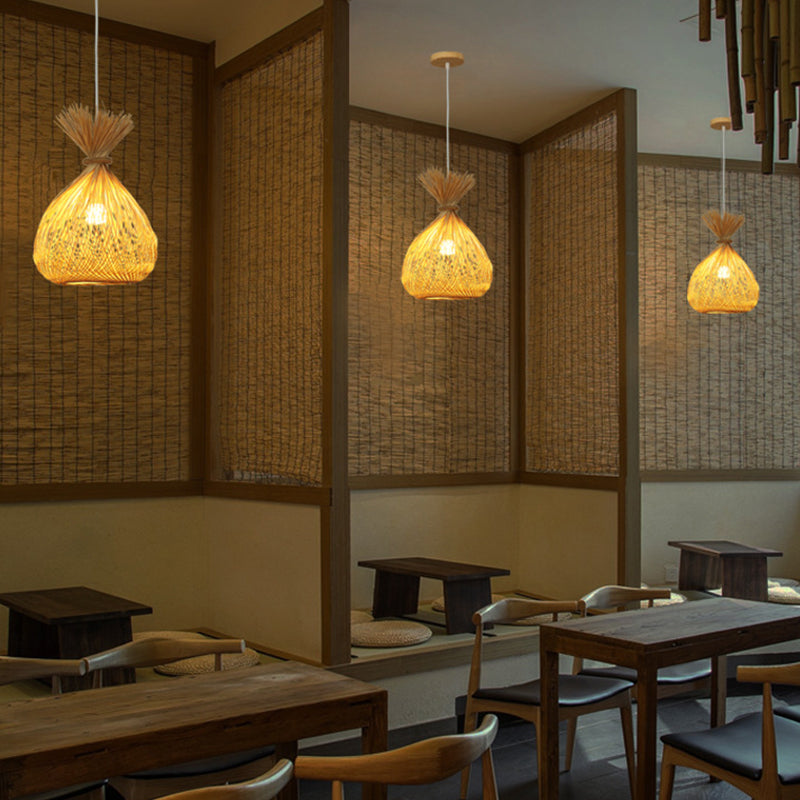 1 Bulb Restaurant Ceiling Light Asian Wood Pendant Light Fixture with Handwoven Bamboo Shade Clearhalo 'Ceiling Lights' 'Pendant Lights' 'Pendants' Lighting' 268126