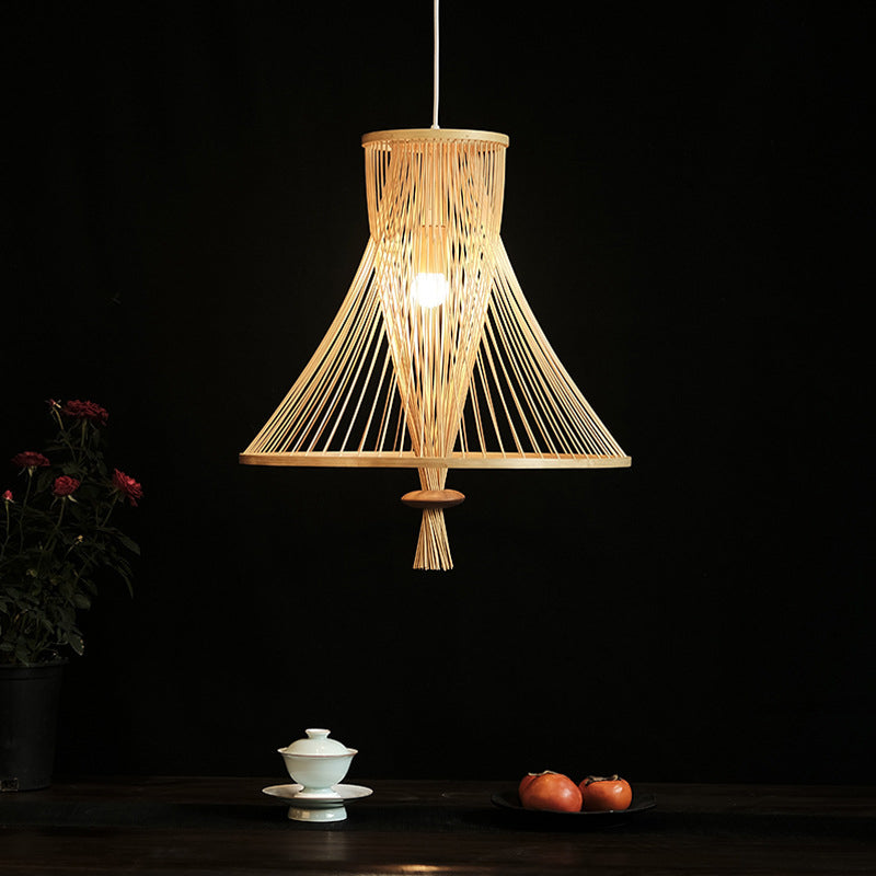 Cone Suspension Pendant Retro Bamboo 1 Bulb Wood Hanging Light Kit for Guesthouse Clearhalo 'Ceiling Lights' 'Pendant Lights' 'Pendants' Lighting' 268173