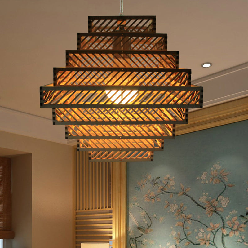 Wood Lantern Suspension Lighting Traditional 1 Bulb Hanging Ceiling Light in Yellow Clearhalo 'Ceiling Lights' 'Pendant Lights' 'Pendants' Lighting' 268203