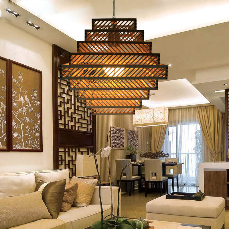 Wood Lantern Suspension Lighting Traditional 1 Bulb Hanging Ceiling Light in Yellow Clearhalo 'Ceiling Lights' 'Pendant Lights' 'Pendants' Lighting' 268206