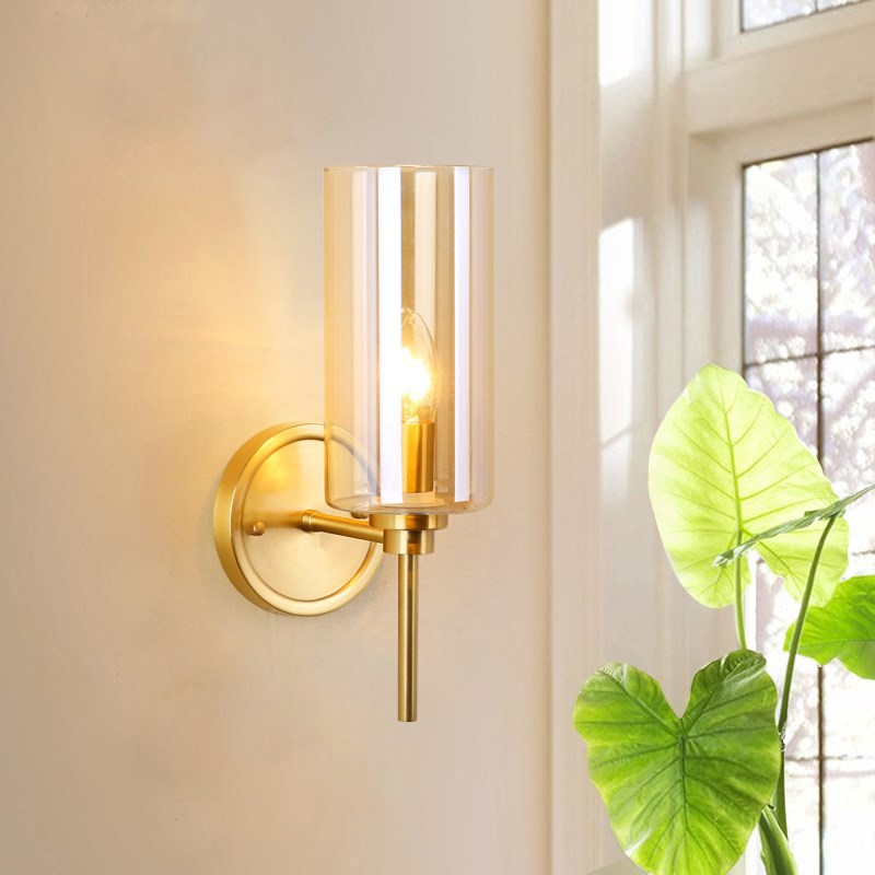 Colonial Cylinder Wall Mount Light Single Bulb Clear Glass Wall Lighting Fixture in Brass Clearhalo 'Wall Lamps & Sconces' 'Wall Lights' Lighting' 268254