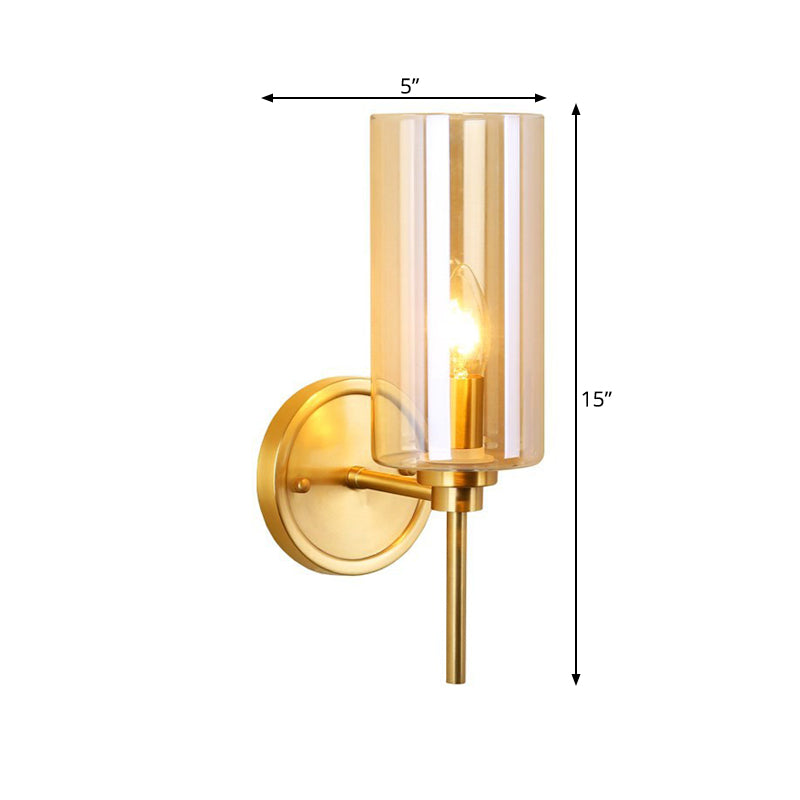 Colonial Cylinder Wall Mount Light Single Bulb Clear Glass Wall Lighting Fixture in Brass Clearhalo 'Wall Lamps & Sconces' 'Wall Lights' Lighting' 268257