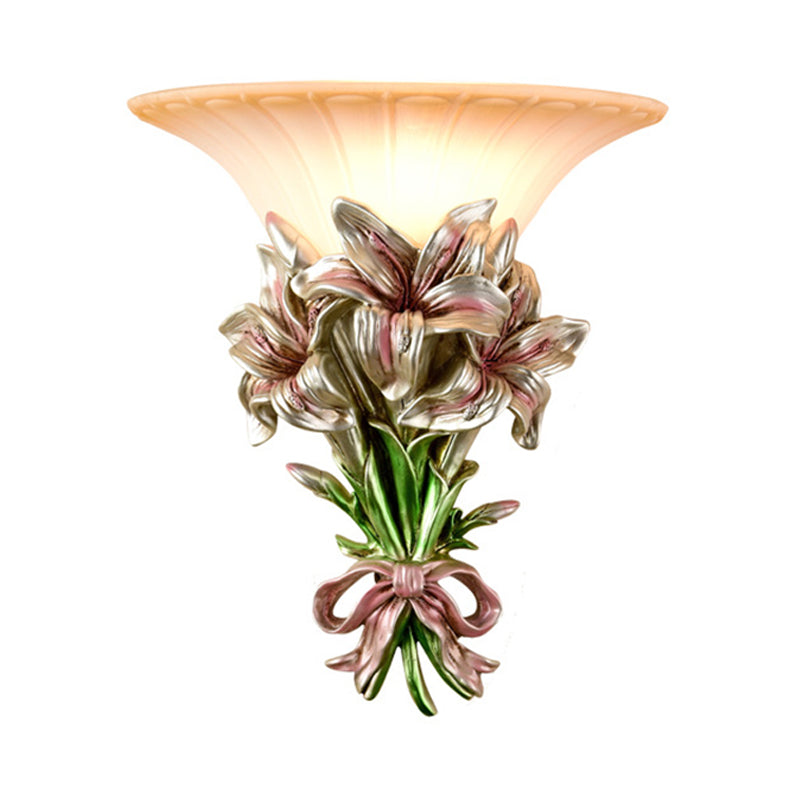 Pink/Gold 1 Light Wall Sconce Retro Resin Floral Wall Mounted Lamp with Trumpet Glass Shade Clearhalo 'Wall Lamps & Sconces' 'Wall Lights' Lighting' 268346