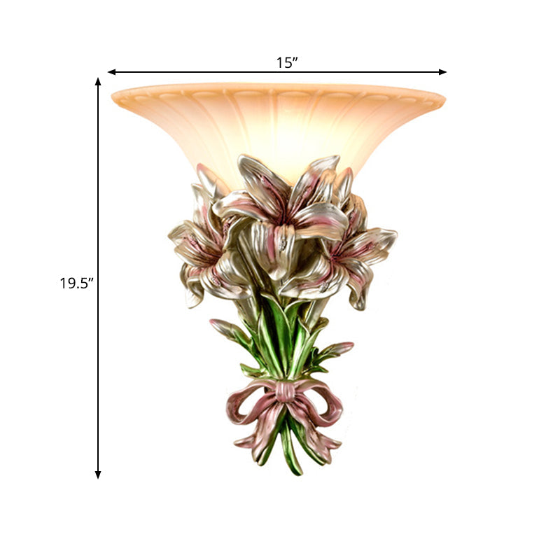 Pink/Gold 1 Light Wall Sconce Retro Resin Floral Wall Mounted Lamp with Trumpet Glass Shade Clearhalo 'Wall Lamps & Sconces' 'Wall Lights' Lighting' 268347